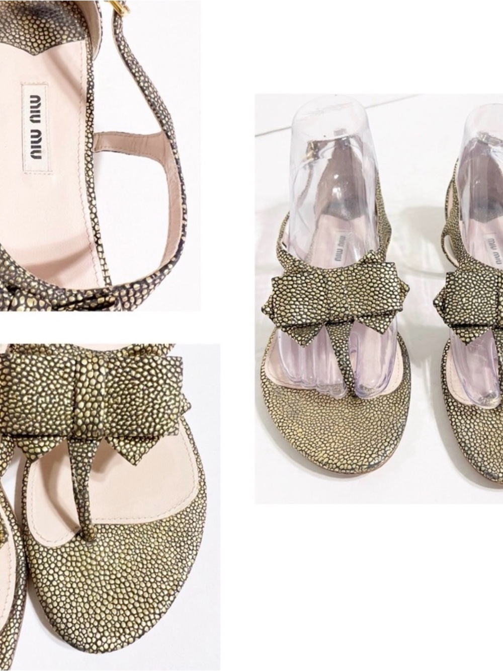Miu Miu Metallic Gold Speckled Bow T-Strap Sandals
